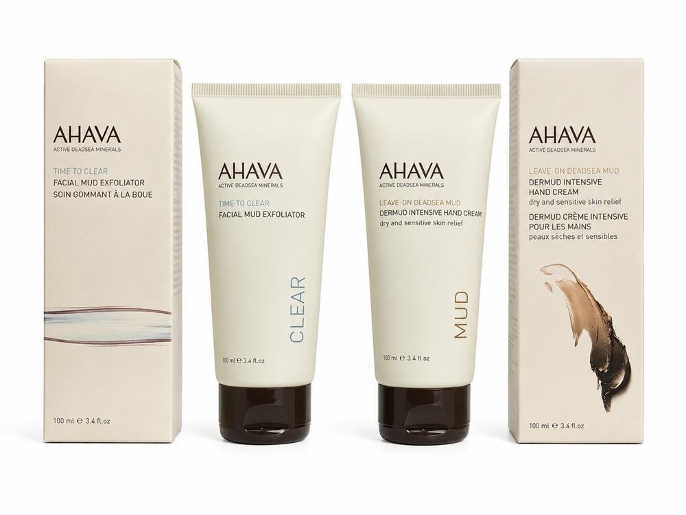 AHAVA Facial Mud Exfoliator & Dermud Intensive Hand Cream 3.4 fl oz Set